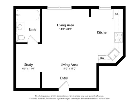 A floor plan of a small apartment with a study, two living areas, a kitchen, and a bath.